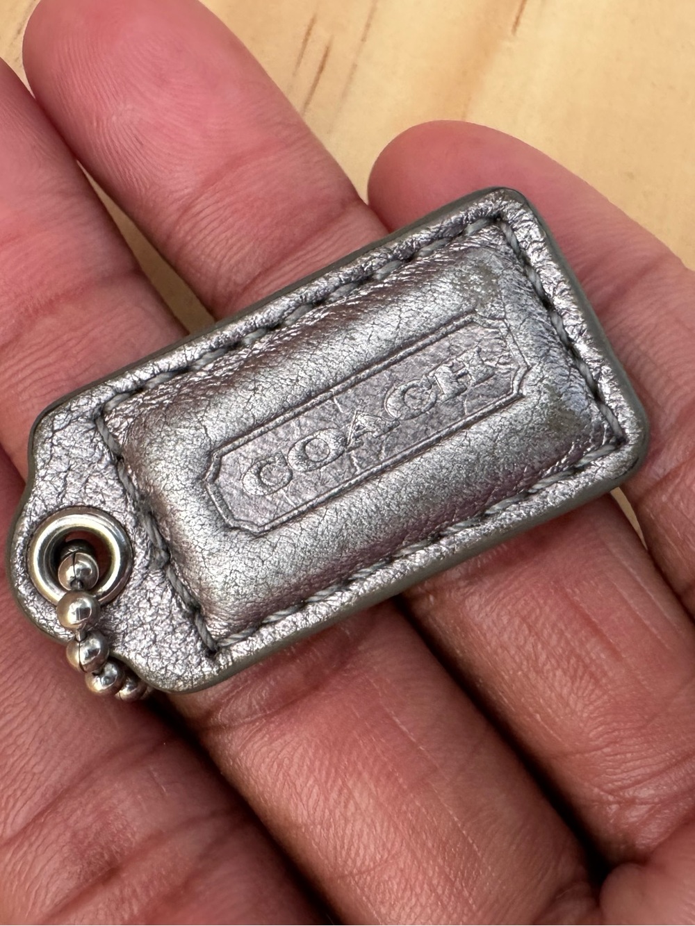 Coach Metallic Silver Leather Tag Bag Charm Sm